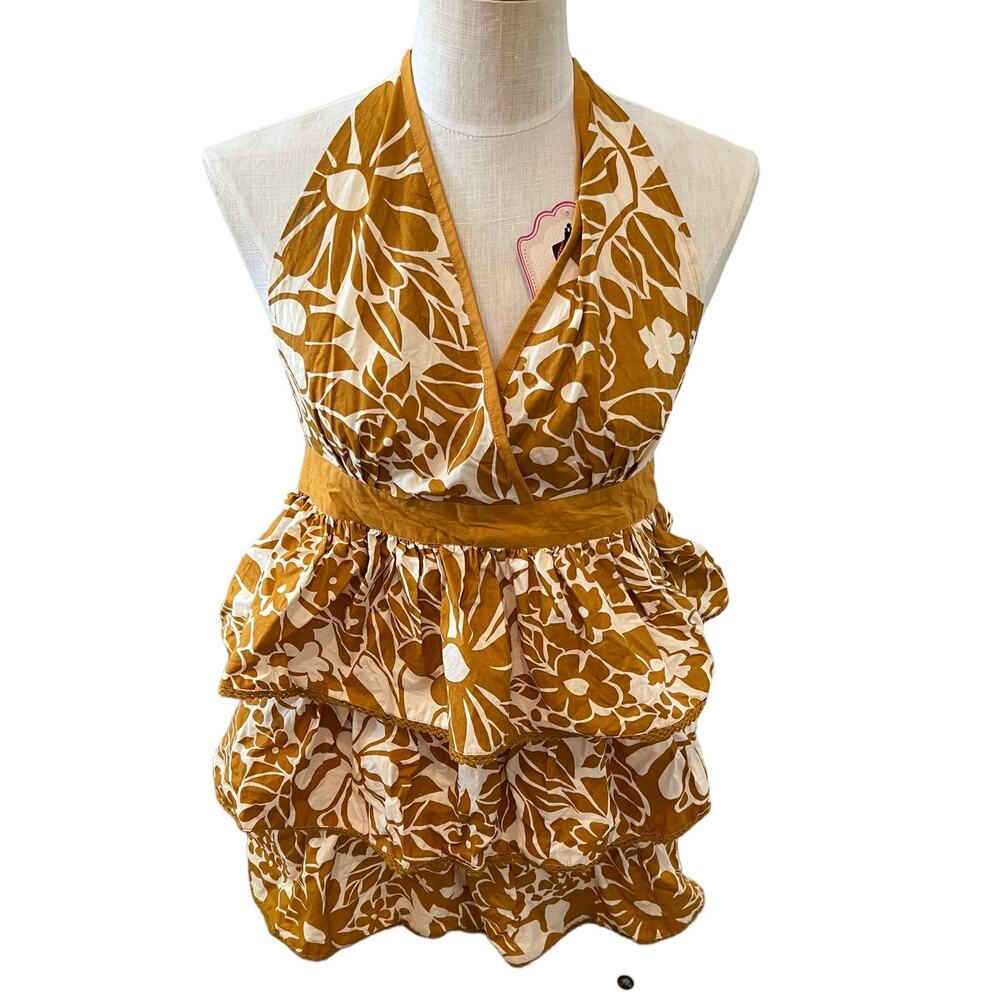 EnVogue Ruffled v neck full apron Mustard Floral Print